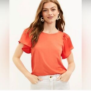 LOFT Flutter Sleeve Mixed Media Top Coral Size L